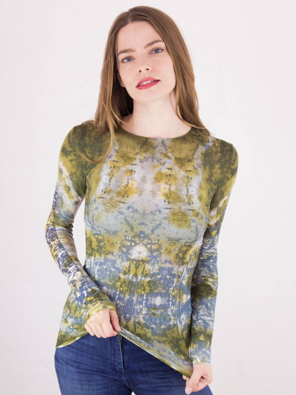 AMB Designs Hidden Marble Raw Edge Second Skin Top Long Sleeve Green Nylon